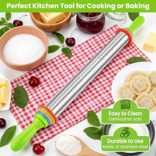 Stainless Steel Dough Roller Pins with Handle for Baking, Adjustable Rolling Pin with Thickness Rings for Cookie Decorating, Kitchen Baking Essential Tools for Fondant Cake Baker Pizza Cookie - Image 5