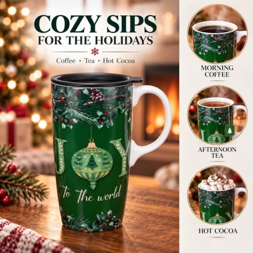 Topadorn Christmas Ceramic Coffee Mug with Lid,17oz Ceramic Travel Cup ,Joy - Image 4