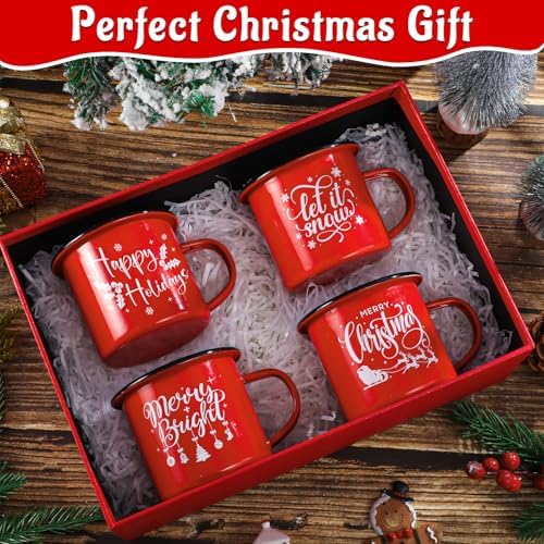Christmas Enamel Mug Set of 4, 12 oz Hot Cocoa Mugs Christmas Coffee Mugs with Quotes Holiday Mus Stocking Stuffer Xmas Gift for Kids Women Friends Coworkers Family(Red&Quotes) - Image 6