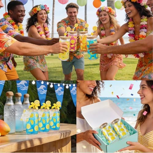 Vesici 6 Set Lemon Glass Cups 16 oz Summer Drinking Tumbler with Lid Straw and Stopper Can Shaped Beer Iced Coffee Cup Appreciation Gifts with Cards and Bow for Summer Party Favor Decorations - Image 5