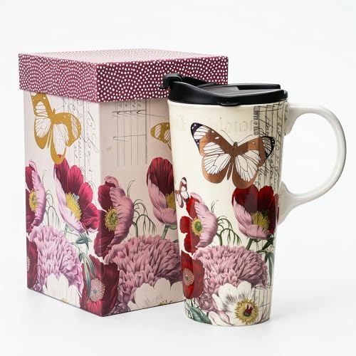 Topadorn 17oz Ceramic Travel Mug with Lid, Vintage Butterfly Floral Mug by Topadorn