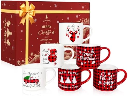QIKSION 16oz Christmas Coffee Mugs Set of 6, Large Hot Chocolate Mugs, Holiday Cocoa Ceramic Mug Gift Set for Family, Friends and Colleagues(Red Black Plaid, White) by QIKSION