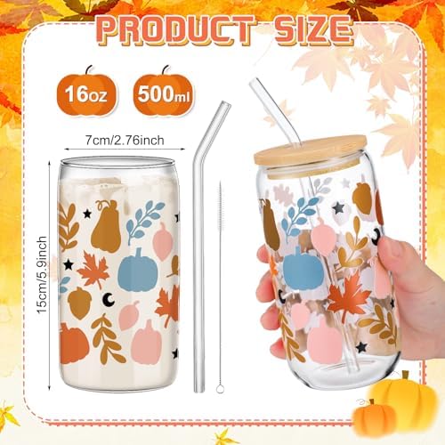 SiliFine 6 Pcs Fall Pumpkin Glass Cups, 16 oz with Lids and Straws - Image 3