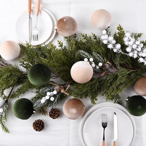 Christmas Tree Ornaments Velvet Balls - Pack of 15pcs Shatterproof Xmas Bulbs Decorations Set - Multicolor Green Brown Neutral, 80mm 3.15 inch - Image 4