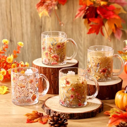 Tioncy 4 Pcs Fall Floral Glass Coffee Mugs 12 oz - Image 2