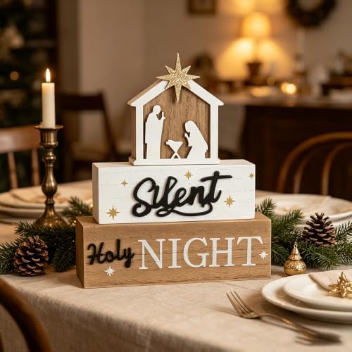 Nativity Sets for Christmas Indoor, MEETYAMOR Large Size 3-Layered Nativity Scene Wooden Block Silent Night Holy Night Sign Decor,Christmas Decorations Indoor for Home, Mantle, Table - Image 4