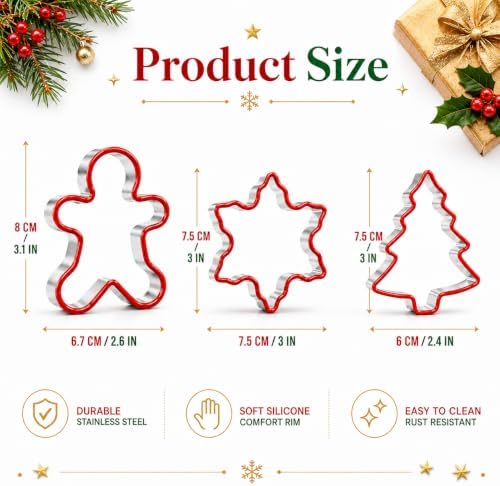 Crethinkaty 3 PCS Christmas Cookie Cutter Set,Gingerbread Man,Snowflake,Christmas Tree Shape with Soft PVC Edge Xmas Cookie Cutters for Baking - Image 2