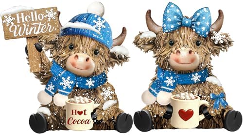 2 Pack Winter Highland Cow Figurine Decor, Resin Table Decor by Burbell