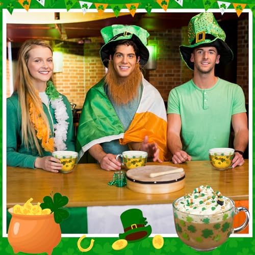 Sliner Set of 6 St Patrick's Day Glass Coffee Mugs with Handle, 16 oz Clear Irish Coffee Mugs Footed Irish Glasses Shamrock Glasses Winter Holiday Cups for Beverages Latte Hot Chocolate - Image 4