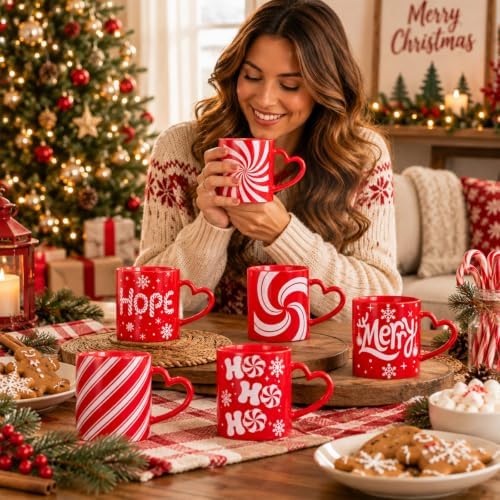 Christmas Mugs Set of 6 with Heart Handles, 10 oz Ceramic Cups - Image 5