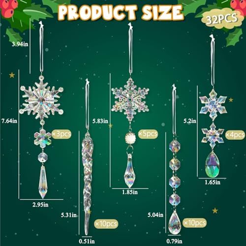 Crystal Christmas Tree Ornaments, 32pcs Iridescent Acrylic Snowflake Icicle - Image 3