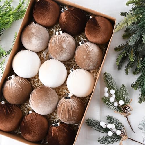 Brown Velvet Christmas Tree Ornaments - 15pcs Shatterproof Christmas Balls for Xmas Trees Decorations - Multicolor Brown Neutral Beige, 80mm 3.15inch - Image 2