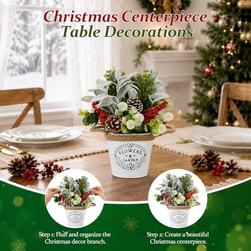 Christmas Table Decor with Metal Pot, Winter Xmas Centerpieces for Tables - Image 4