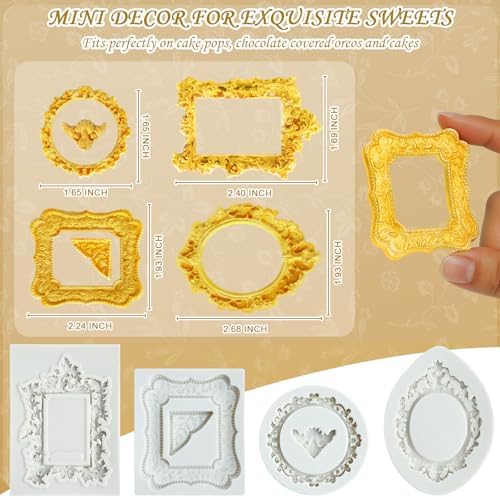 HKNMTT Picture Frame Molds Silicone Baroque Vintage for Fondant Candy Clay Covered Oreo Cake Photo Decorating Cupcake Toppers, 4 Shaped Round Square Frame Moulds Craft DIY Supplies Set - Image 2