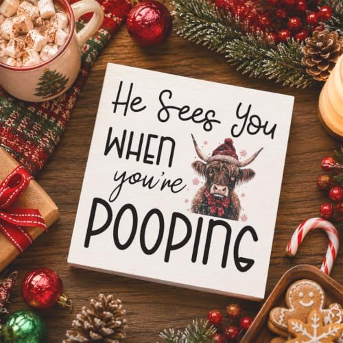 Christmas Bathroom Decor, Funny Highland Cow Christmas Decorations, Bathroom Table Decoration, Coquette Red Bow Santa Hat Wooden Box Sign, Home Shelf Desk Decor for Toilet 5x5 Inches - Image 4