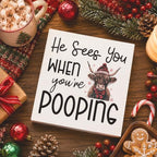 Christmas Bathroom Decor, Funny Highland Cow Christmas Decorations, Bathroom Table Decoration, Coquette Red Bow Santa Hat Wooden Box Sign, Home Shelf Desk Decor for Toilet 5x5 Inches - Image 4