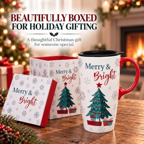 Topadorn Christmas Tree Ceramic Travel Mug with Lid, 17 oz Tall coffee Cup - Image 7