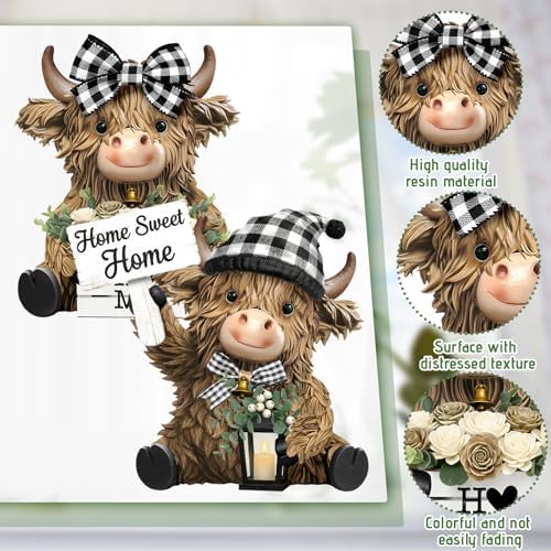 2 Pcs Farmhouse Highland Cow Figurines, Home Sweet Home Decor - Image 4