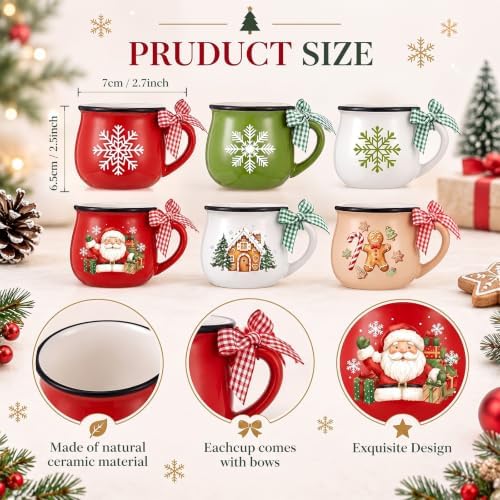 Potchen 6 Pcs 5 oz Christmas Coffee Mugs with Ribbons,Charming - Image 2