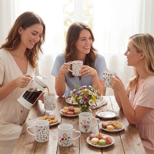 Wildflower Heart Handle Coffee Mug Set of 6, Ceramic 10 Oz Cups - Image 5