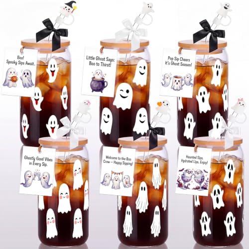 Vesici 6 Set Halloween Ghost Glass Cups 16 oz with Lid Straw and Stopper by Vesici
