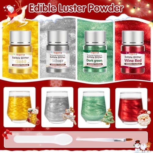 Edible Christmas Glitter for Drinks,Gold Silver Red Green Luster Dust 4set - Image 3