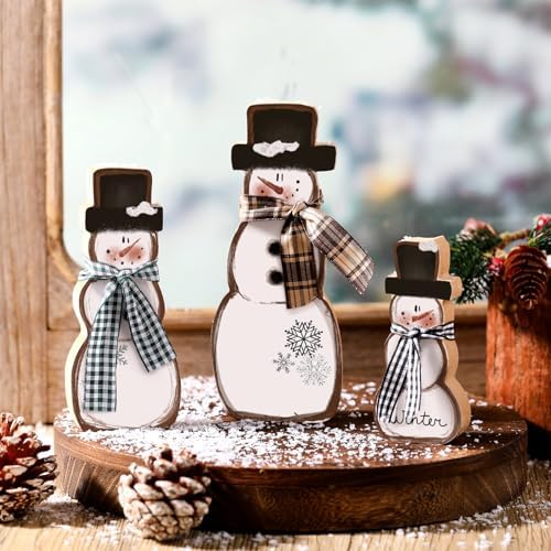 Suzile 3 Pcs Christmas Snowman Decoration Rustic Wooden Winter Indoor Decor - Image 2