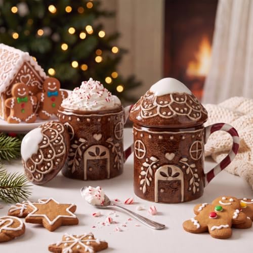 Potchen 2 Pcs Christmas Ceramic Gingerbread House Mugs with Lids by Potchen