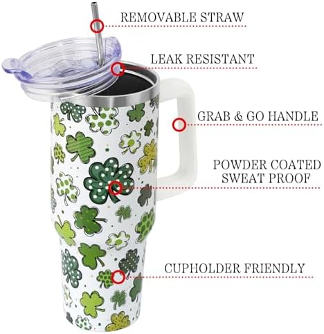 St Patricks Day Gifts 40 oz Tumbler with Handle and Straw Lid,Cute St Patrick's Day Spring Gift for Women Men Lucky Clover Shamrock Polka Dot Vacuum Insulated Leak Proof Stainless Steel Coffee Cup Mug - Image 3
