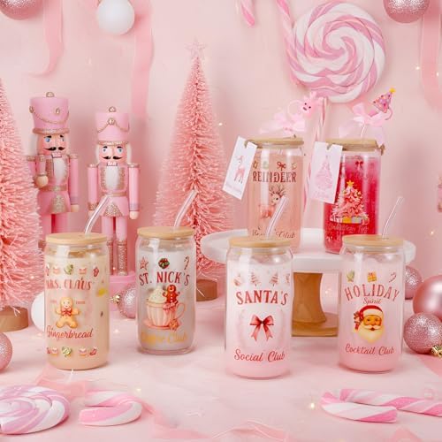 Vesici 6 Set Christmas Glasses Cups 16 oz Xmas Drink Cup with Lid Straw and Stopper Can Shaped Beer Tumbler Christmas Pink Appreciation Gifts with Cards and Bow for Women Birthday Party Favor - Image 5