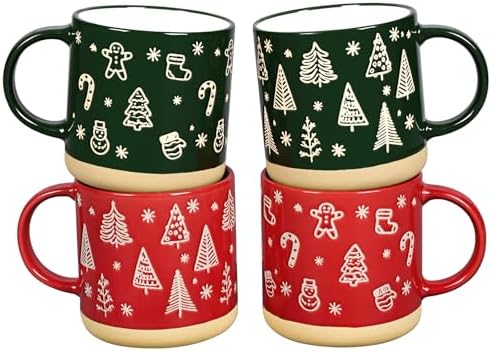 Maustic Christmas Mugs Set of 4, Christmas Coffee Mugs, Holiday Mug with Festive Design, Ceramic Mug for Hot Cocoa, Hot Chocolate, Coffee, Tea, Family Gifts, 12 Oz, Microwave & Dishwasher Safe by Maustic