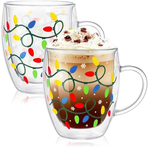 JarThenaAMCS Christmas Double Wall Glass Coffee Mugs 12Oz Colorful Xmas Light Bulb Insulated Glasses Clear Espresso Cups with Handle for Winter Holiday Supplies, Set of 2 by JarThenaAMCS