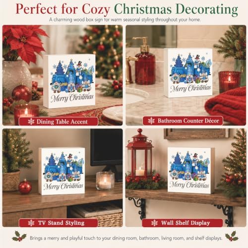 Blue Christmas Decorations, Christmas Gnomes Decorations Indoor, Snowman Snowflake Sign Gift for Women Friends, Rustic Wooden Box Sign for Home Shelf Office Bedroom Desk Decor 5x5 Inches - Image 5