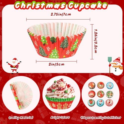 SANNIX 450pcs Christmas Cupcake Liners, 9 Patterns, Santa Snowman Christmas - Image 2