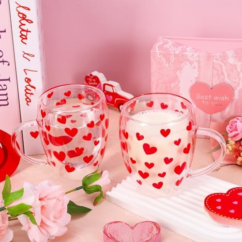 JarThenaAMCS Valentine' s Day Double Wall Glass Coffee Mugs Insulated Glasses 12Oz Red Heart Clear Espresso Cups with Handle for Home Holiday Supplies, Set of 2 - Image 4