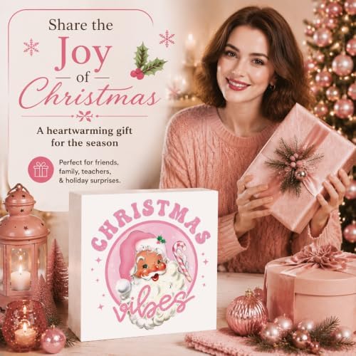 Pink Christmas Decor, Vintage Christmas Decorations Indoor, Glitter Candy Cane Santa Claus Sign Gift for Women Friends, Rustic Farmhouse Wooden Box Sign for Home Office Bedroom Desk Decor 5x5 Inches - Image 6