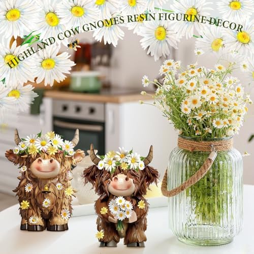 2 Pcs Highland Cow Figurines Decor, Daisy Flower Style - Image 2