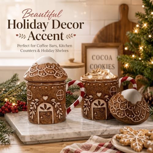 Potchen 2 Pcs Christmas Ceramic Gingerbread House Mugs with Lids - Image 4