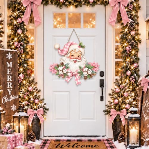 Christmas Decorations Pink Vintage Santa Hanging Wooden Sign for Front Door - Image 2