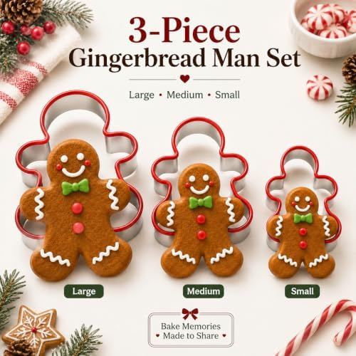 Gingerbread Man Cookie Cutters Set, 3 PCS Gingerbread Man Biscut Cutters Set Stainless Steel Christmas Cookie Cutters with Red Environmental PVC - 5.3/4.5/3.5IN - Image 6