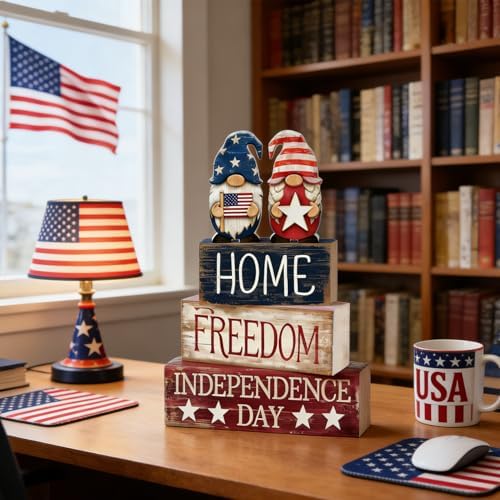 4th of July Table Decorations Patriotic Memorial Day Tiered Tray Decor Wooden Gnome Block Signs Independence Farmhouse 250th July Fouth Centerpiece for Tables Wooden Sign for Home Decor - Image 6