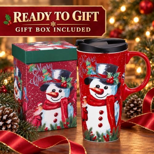 Topadorn Christmas Ceramic Travel Mug with Lid , 17 oz Snowman Coffee Cup - Image 2