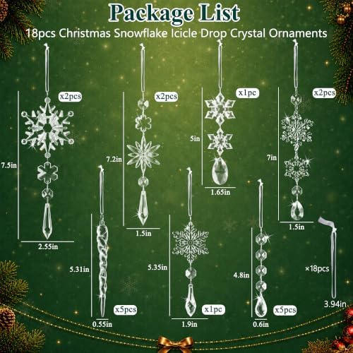 Crystal Christmas Tree Ornaments, Clear Acrylic Snowflake & Icicle, 18pcs - Image 3
