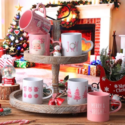 Set of 6 Pink Christmas Mugs, 10 oz Ceramic Coffee Cups - Image 3