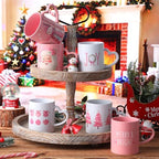 Set of 6 Pink Christmas Mugs, 10 oz Ceramic Coffee Cups - Image 3
