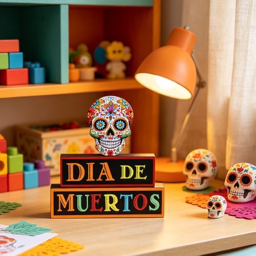 MEETYAMOR Day of the Dead Decor, Wood Block Sugar Skull Dia De Los Muertos Decorations with DIA DE MUERTOS Sign, 3-Layered Wooden Skeleton Decor for Altar, Ofrenda, Home, Table, Mexican Fiesta - Image 4