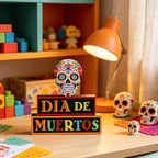 MEETYAMOR Day of the Dead Decor, Wood Block Sugar Skull Dia De Los Muertos Decorations with DIA DE MUERTOS Sign, 3-Layered Wooden Skeleton Decor for Altar, Ofrenda, Home, Table, Mexican Fiesta - Image 4
