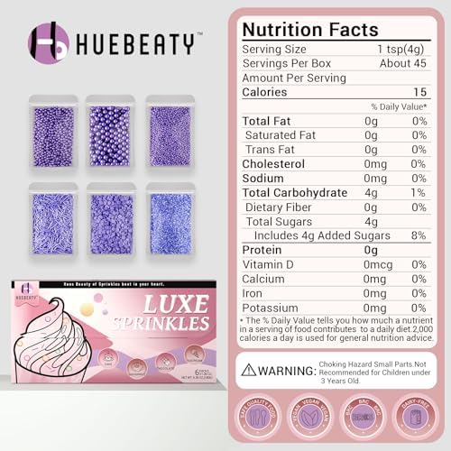 HUEBEATY® 6-in-1 Purple Edible Pearls Sprinkles, Sanding Sugar for Cake Decorating, Cupcakes, Cookies & Ice Cream - 180g, Edible Mardi Gras, Halloween & Mermaid Purple Cake Sprinkles and Decorations - Image 2