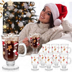 Sliner Set of 12 Christmas Glass Coffee Mugs with Handle 8 oz Clear Irish Coffee Mugs Footed Irish Glasses Xmas Glasses Winter Holiday Cups for Beverages Latte Hot Chocolate - Image 6