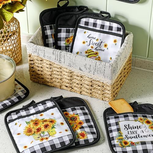 Jingmore 12 Pcs Sunflower Pot Holders Bulk, Black White Plaid with Pocket - Image 3